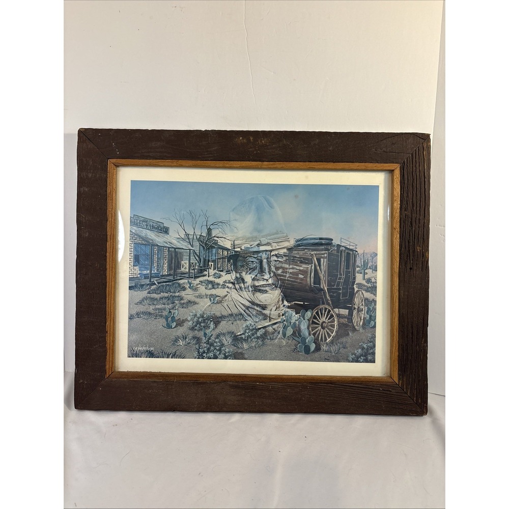 Vintage 1982 Charles Baylock rustic framed print western John Wayne 19.5 X 15.5"